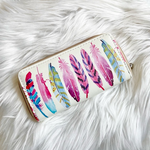 NWOT Unbranded Boho Double Sided Painted Feather Wallet - Picture 2 of 4